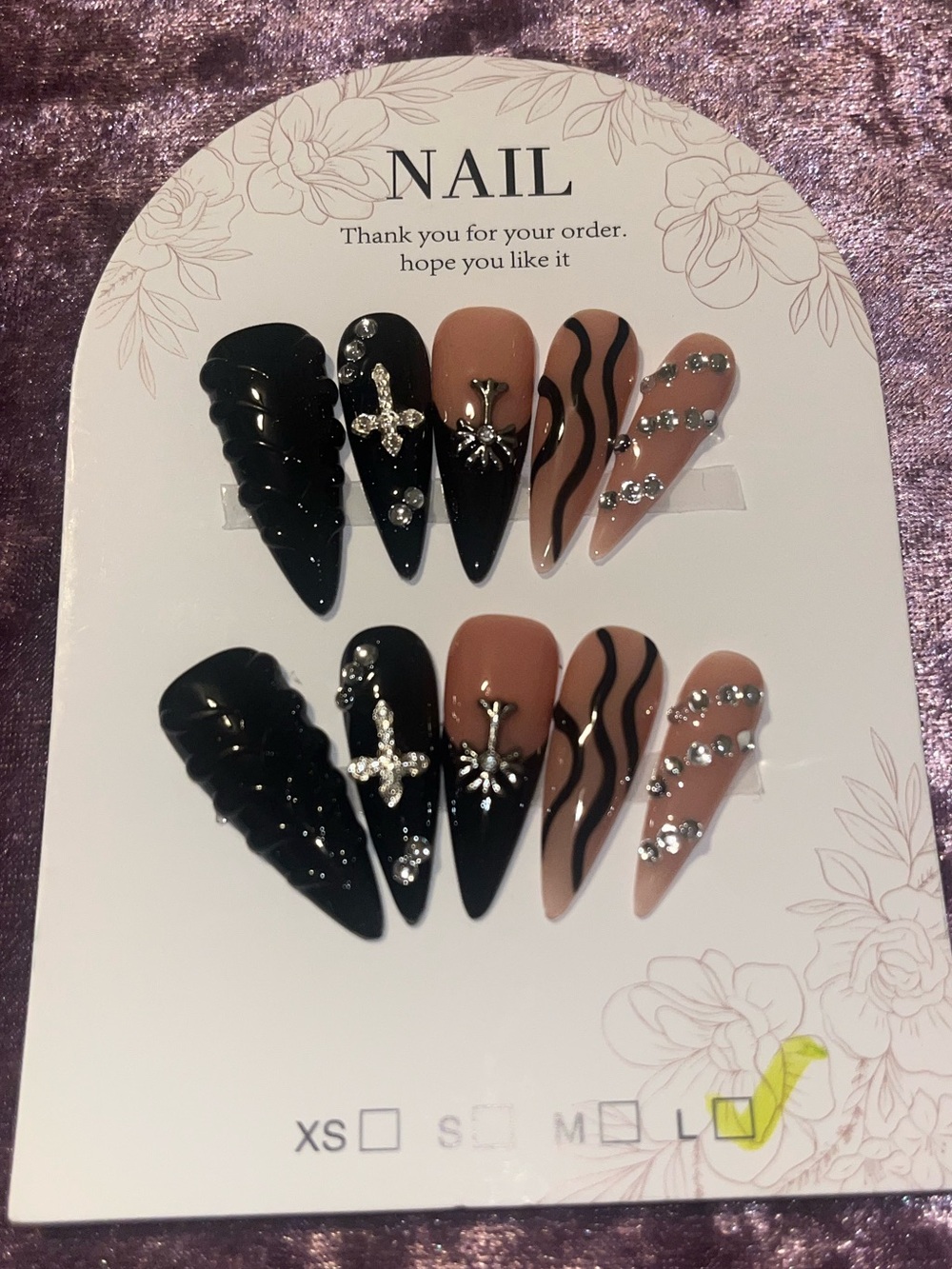 Black & Nude Rhinestone Stiletto Press-On Nails - Elegant Cross Accent